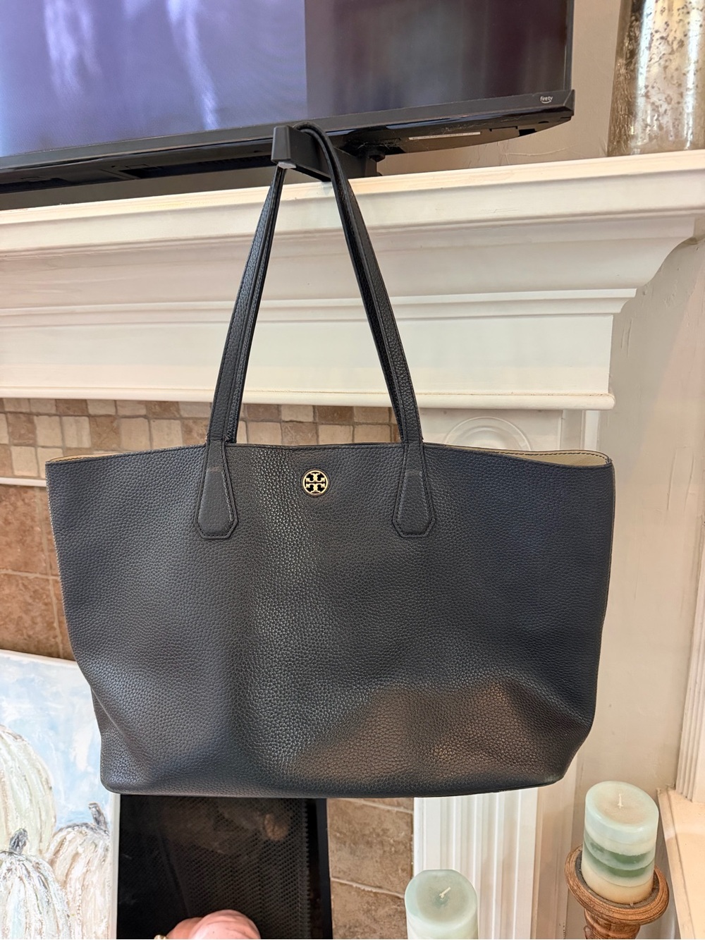 Tory Burch Black Leather Tote with Gold Logo Medallion